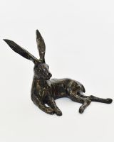 "Hearthside Hare" Cast Brass Lying Hare Sculpture angled view