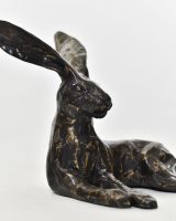 "Hearthside Hare" Cast Brass Lying Hare Sculpture close up of head
