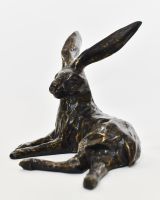 "Hearthside Hare" Cast Brass Lying Hare Sculpture close up of rear