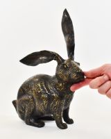 "Heathland Herald" Cast Brass Alert Hare Sculpture with hand in shot for scale
