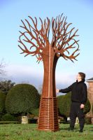 "Ironwood" Rustic Steel Tree Sculpture main image to scale with man stood next to it