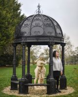 "Lady Christina" Deluxe Scrollwork Wrought Iron Gazebo Powder Coated in Midnight Black scale image with lady stood under gazebo