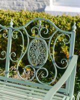 "Lyceum" Garden Rocking Bench Wrought Iron - Sage close up of back rest "Lyceum" Garden Rocking Bench Wrought Iron - Sage close up of back rest