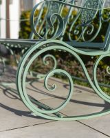 "Lyceum" Garden Rocking Bench Wrought Iron - Sage close up of rocker "Lyceum" Garden Rocking Bench Wrought Iron - Sage close up of rocker