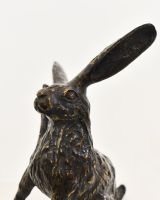 "Meadow Muse" Cast Brass Grooming Hare Sculpture close up of head