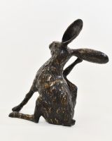 "Meadow Muse" Cast Brass Grooming Hare Sculpture rear view