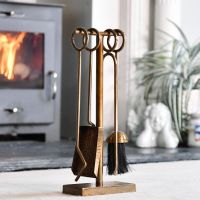 "Middleton" Hammered Antique Brass Companion Set in Situ in Front of the Fire Place