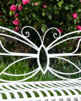 "Papillon" Contemporary Wrought Iron Two Seater Garden Bench Close up of Butterfly Back Rest