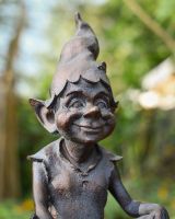 "Perched Pixie" Resin Garden Sculpture Bronze and Verdigris clsoe up of head