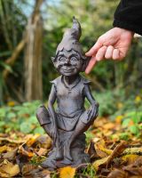 "Perched Pixie" Resin Garden Sculpture Bronze and Verdigris with hand in shot for scale