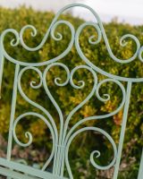 "Province" Wrought Iron Sage Green Garden Rocking Chair close up of backrest "Province" Wrought Iron Sage Green Garden Rocking Chair close up of backrest