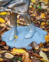 "Rain or Shine" Girl with Umbrella Resin Garden Sculpture Brass and Verdigris Finish close up of base