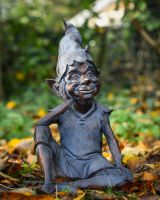 "Reminiscing Pixie" Resin Garden Sculpture Bronze and Verdigris facing left