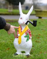"Rhubarb" the Dapper Rabbit with Pipe in Cast Aluminium to scale with hand in shot for reference "Rhubarb" the Dapper Rabbit with Pipe in Cast Aluminium to scale with hand in shot for reference