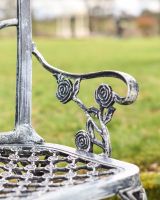 "Rosetta" Black & Silver Rose Design Bench close up of rose detailed arm rest