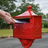 Letter Opening in Use on “Saffron Blossom” Red Suffolk Post Box with Stand Letter Opening in Use on “Saffron Blossom” Red Suffolk Post Box with Stand