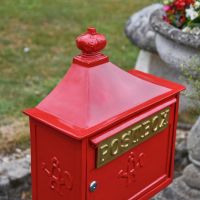 Close-up of Lid on “Saffron Blossom” Red Suffolk Post Box with Stand Close-up of Lid on “Saffron Blossom” Red Suffolk Post Box with Stand