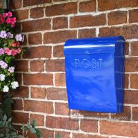 “Sapphire Lagoon” Dark Blue Contemporary Post Box in Situ on a Brick Wall
