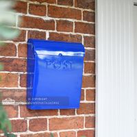 “Sapphire Lagoon” Dark Blue Contemporary Post Box in Situ Next to the Front Door