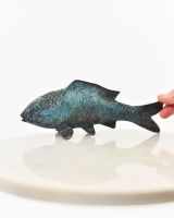 "Shadowed Sovereign" Koi Sculpture in Cast Brass with hand in shot for scale