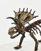 "Spike" Upcycled Metal Triceratops Ornament close up of head