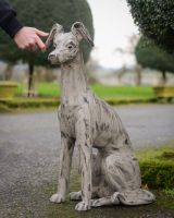 "Stanley" Sitting Greyhound Cast Aluminium Garden Sculpture with hand in shot for scale