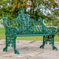 Green Cast Iron Gothic Garden Bench in Situ Green Cast Iron Gothic Garden Bench in Situ
