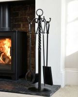 "The Buttersworth" Black Knot Design Companion Set with a Wood Burner Stove Behind - Digital Illustration
