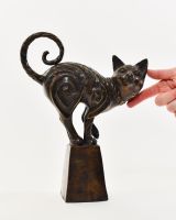 "The Curio Cat" Cast Brass Cat Sculpture with hand in shot for scale