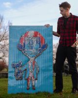 "The Silent Comedian" Oil Drum Scrap Metal Wall Art blue background