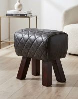 "The Yale" Dark Mango Wood & Black Leather Stool on a Vinyl Floor in a Well Lit Living Room - Digital Illustration 