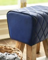"The Yale" Mango Wood & Blue Leather Stool Side Close Up "The Yale" Mango Wood & Blue Leather Stool Side Close Up