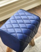 "The Yale" Mango Wood & Blue Leather Stool Seat Detail "The Yale" Mango Wood & Blue Leather Stool Seat Detail