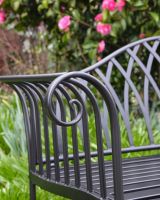 "Twilight" Wrought Iron Arched Garden Bench Close up of Scroll Work