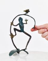"Verdigris Voyager" Frog Ornament in Cast Brass with hand in shot for scale