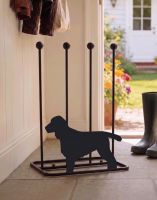 A Cocker Spaniel Double Welly Boot Rack Placed in a Traditional Cottage Porch Entranceway by an Open Door - Digital Illustration 