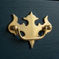 A Fleur de Lys Design Polished Brass Cabinet Handle Mounted on a Royal Blue Kitchen Cabinet - Digital Illustration