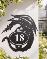 A Number 18 Tribal Dragon Iron House Number Sign Mounted on a White Walled Country House - Digital Illustration 