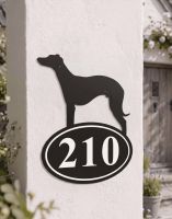 A Number 210 Whippet Iron House Number Sign Mounted on a White Pillar at a Cottage House Entrance - Digital Illustration 