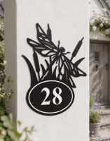 A Number 28 Dragonfly Iron House Number Sign Mounted on a White Cottage Garden Pillar - Digital Illustration 
