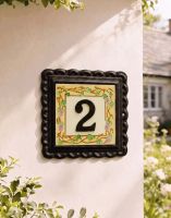 A Number 2 "Summer Grapes" Small Iron & Tile House Number Mounted on a Sunny White Cottage Wall - Digital Illustration 