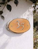 A Number 34 Natural Hard Wood Rustic House Number Sign Mounted on a Cream Coloured Cottage Wall - Digital Illustration