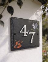 A Number 47 "Hillenbrook Woodland" Squirrel Slate House Number Sign Mounted on a White Sunny Cottage Wall - Digital Illustration A Number 47 "Hillenbrook Woodland" Squirrel Slate House Number Sign Mounted on a White Sunny Cottage Wall - Digital Illustration
