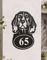 A Number 52 Beagle Dog Iron House Number Sign Mounted on a White Pillar in Front of a Country Cottage - Digital Illustration 