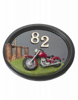A Number 82 Hand Painted "Classic Cruiser" Motorbike House Sign Mounted on a Plain White Background - Digital Illustration