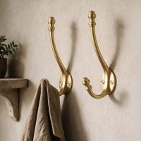 A Pair of 86mm Satin Brass Double Hat & Coat Hooks Positioned in a Hallway Next to a Wooden Shelf - Digital Illustration A Pair of 86mm Satin Brass Double Hat & Coat Hooks Positioned in a Hallway Next to a Wooden Shelf - Digital Illustration