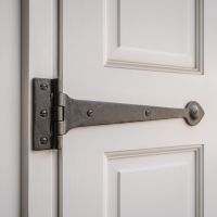 A Smooth Black Wrought Iron Tee Hinge Pair Shown Close up Whilst Mounted on a Bright White Door - Digital Illustration 