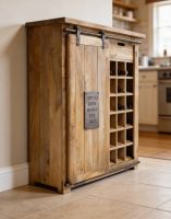 A Solid Mango Wood Wine Cabinet on a Contemporary Stone Tiled Floor Leading to a Kitchen Displayed with Wine Bottles - Digital Illustration