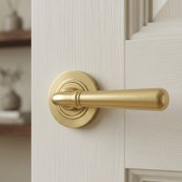 A White Door in a Modern Home Shown with a Modern Satin Brass "Neville" Door Handle on Rose Set Fitted on it - Digital Illustration