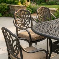 Aged Black "Moreville" Eight Seater Furniture Set in Situ Outside on a Patio close up of detailed pattern across table Digital illustration Aged Black "Moreville" Eight Seater Furniture Set in Situ Outside on a Patio close up of detailed pattern across table Digital illustration